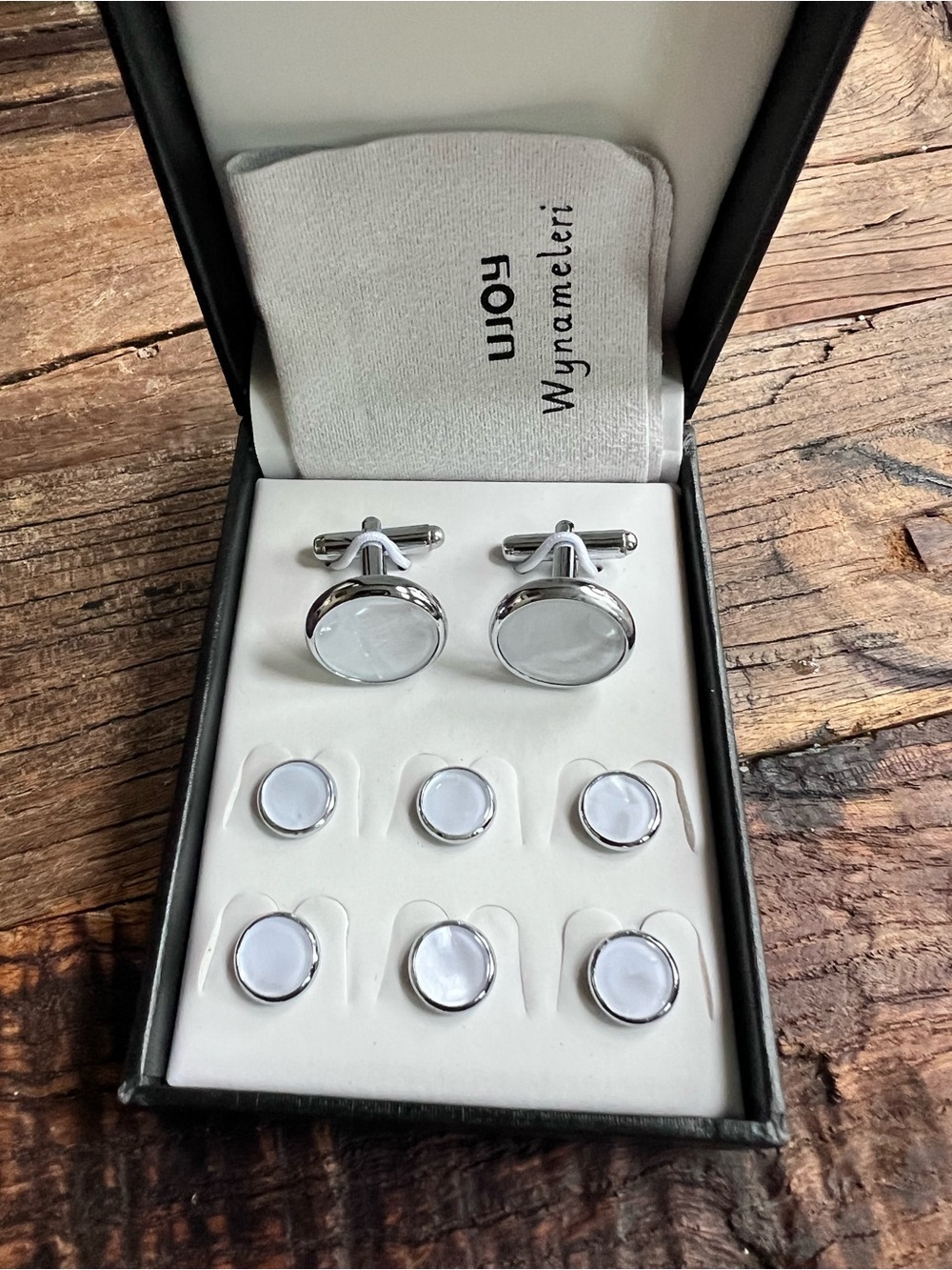 Men's Silver and White Cufflinks & Stud Set mother of pearl